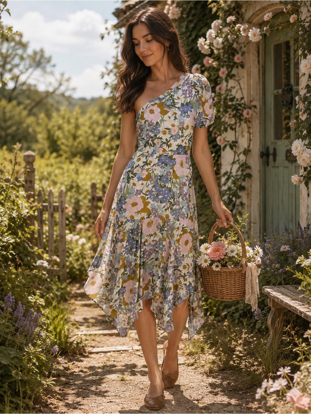 NWT ASTR the Label Santorini Floral One Shoulder Midi Dress Size Medium - Picture 1 of 14